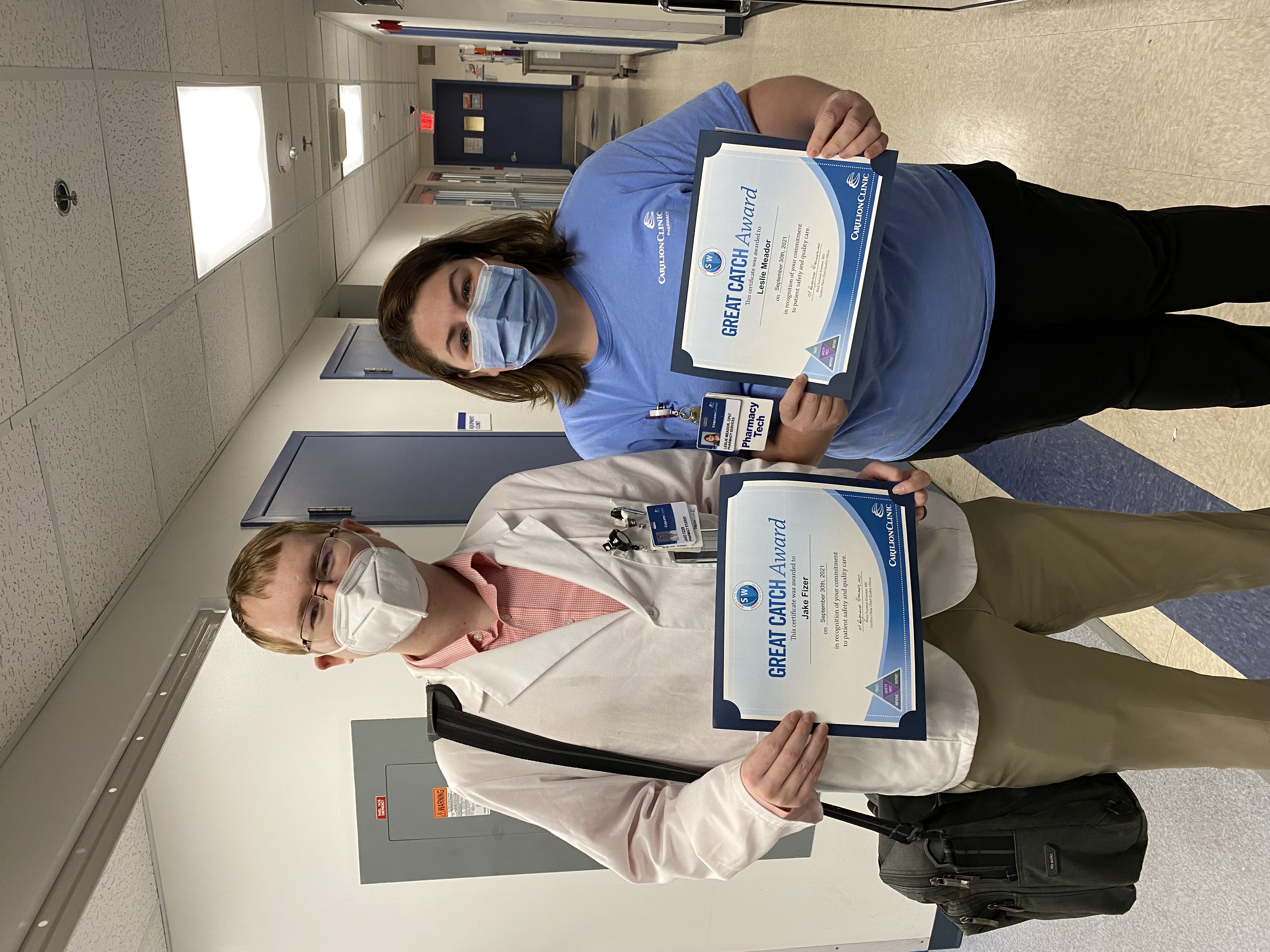 Leslie Meador, pharmacy tech lead, Pharmacy – CRMH; Jake Fizer, administration student – CRMH