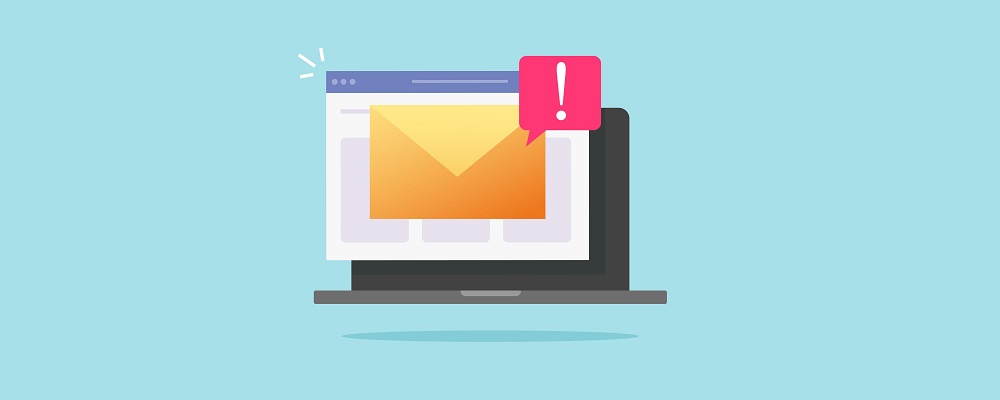 drawing of an email envelope on a computer with a red exclamation point next to it