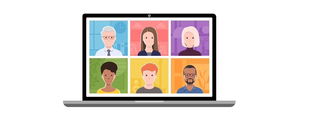 drawing of a laptop with six people having an online meeting