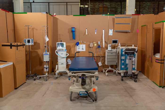 Cardboard mockup of the proposed Crystal Spring Tower trauma bays stocked with all necessary equipment for simulation.