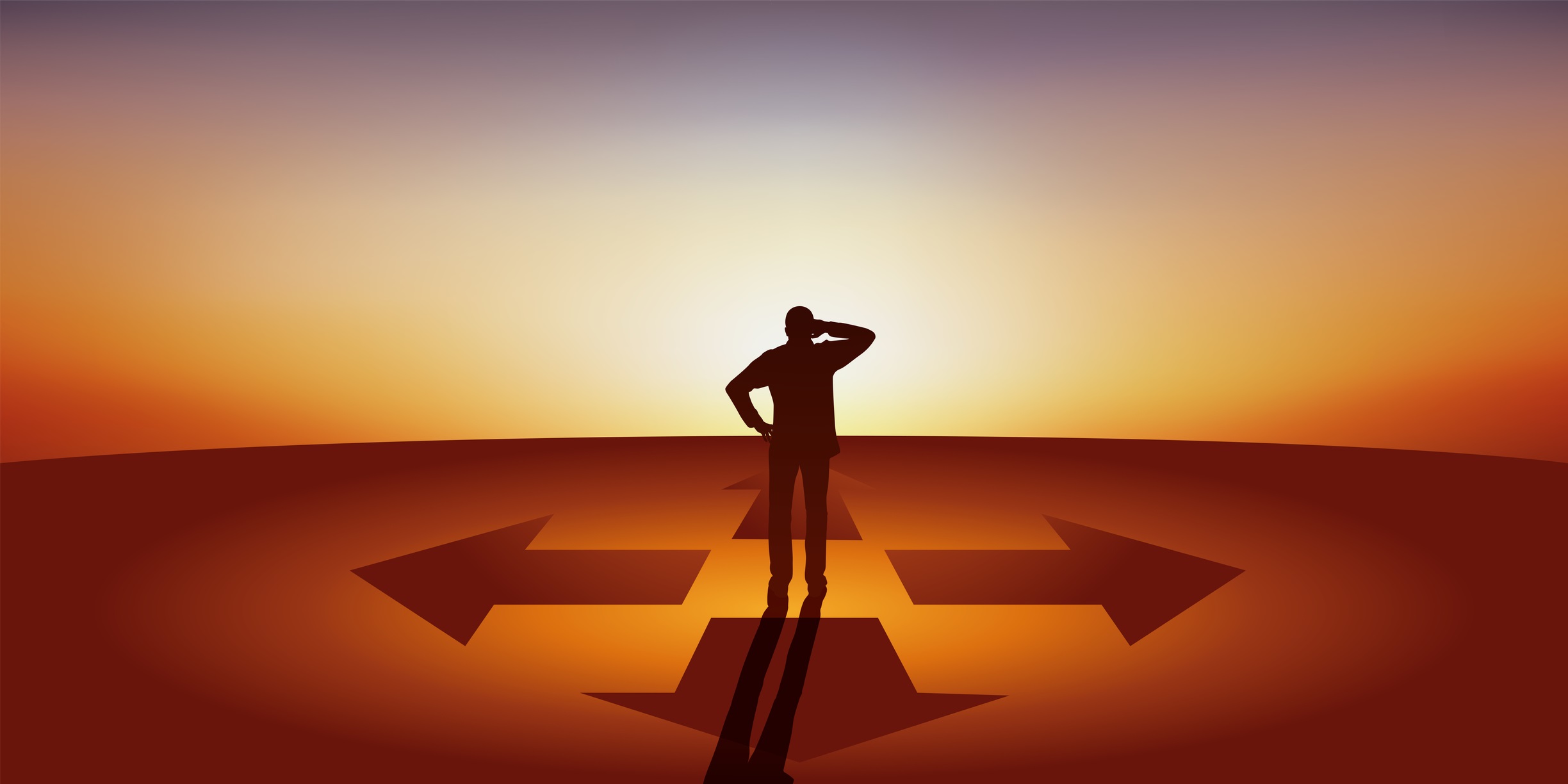 person facing two arrows going in different directions