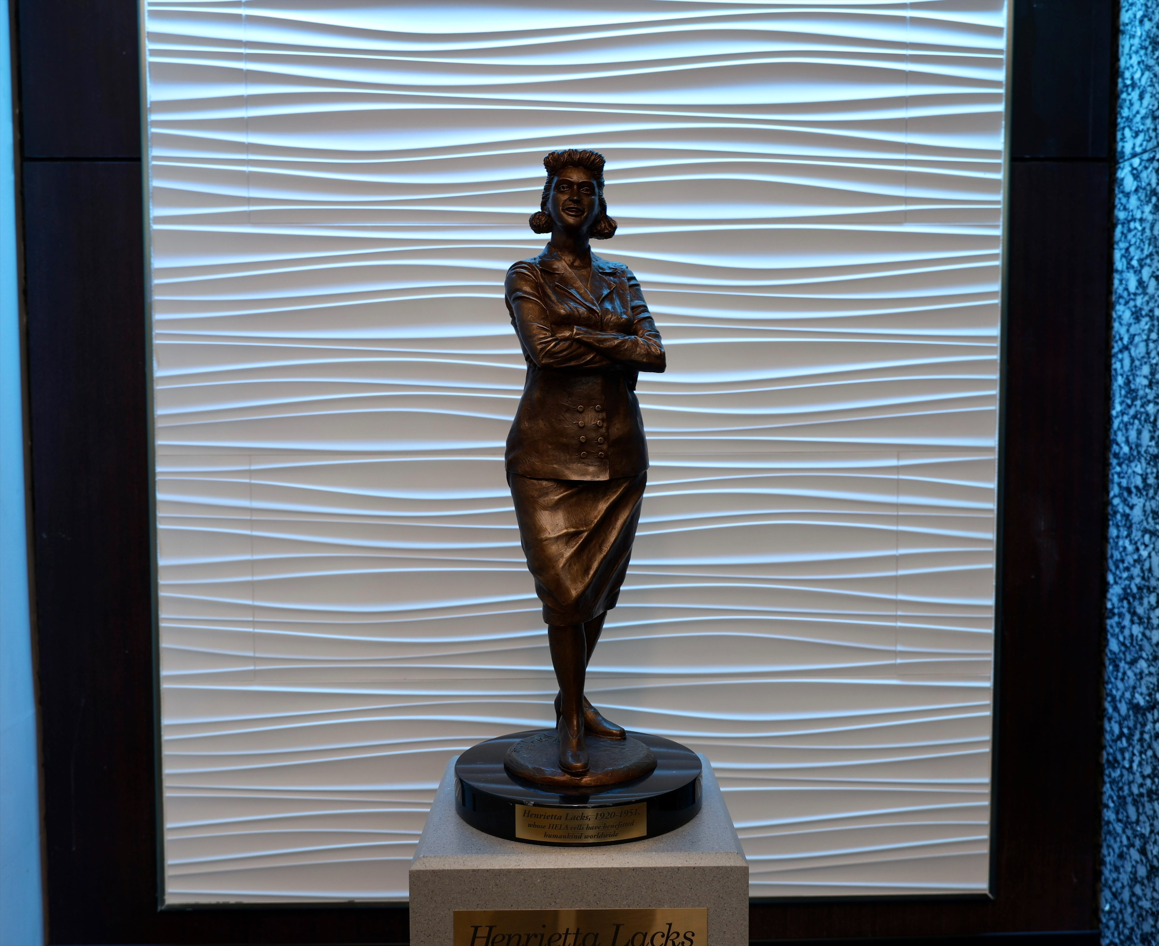 The Henrietta Lacks statue - known as a maquette - in its niche in the CRMH lobby.