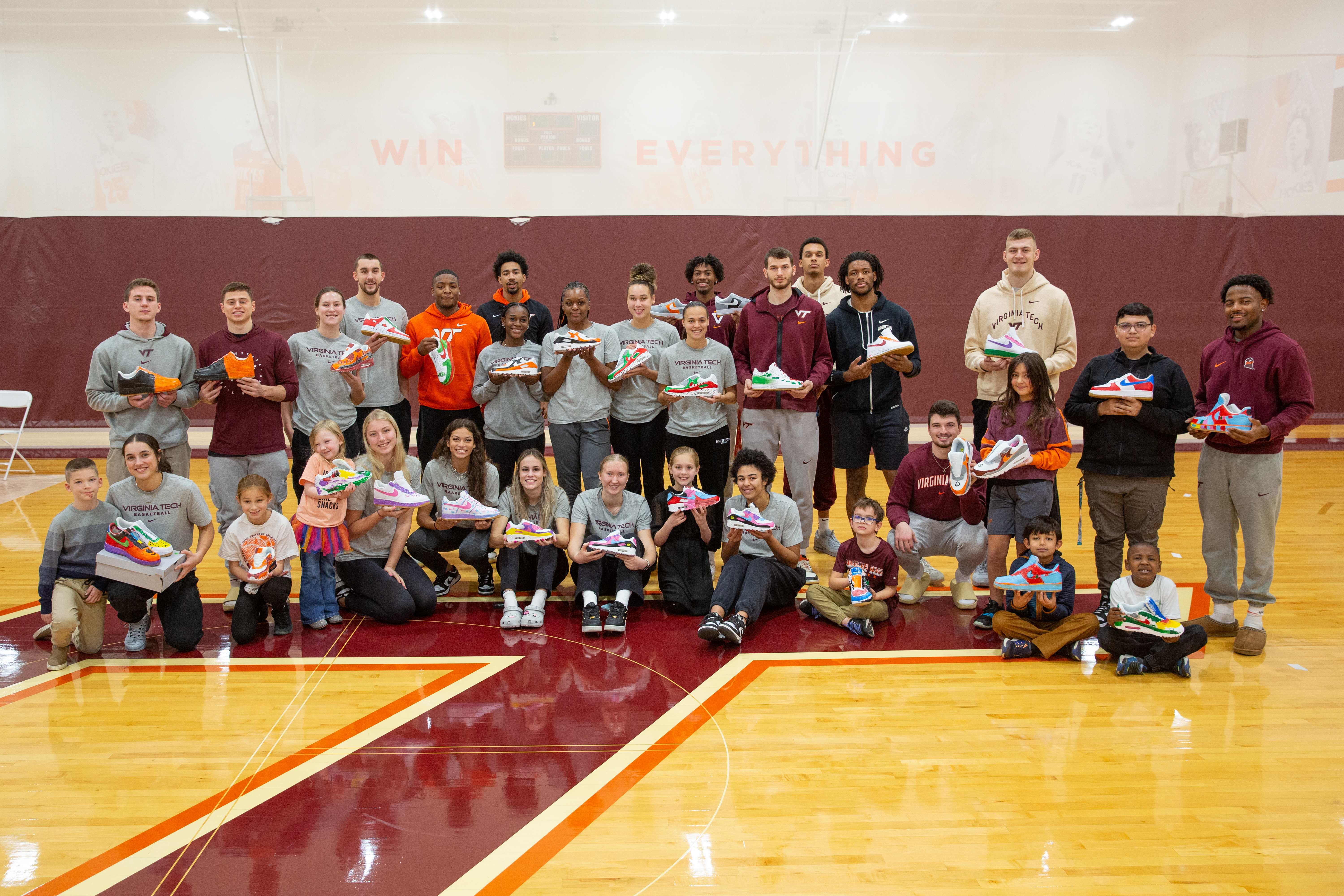 Coaches, players and our patients gathered for a photo at Virginia Tech's Hahn Hurst Basketball Practice Center.