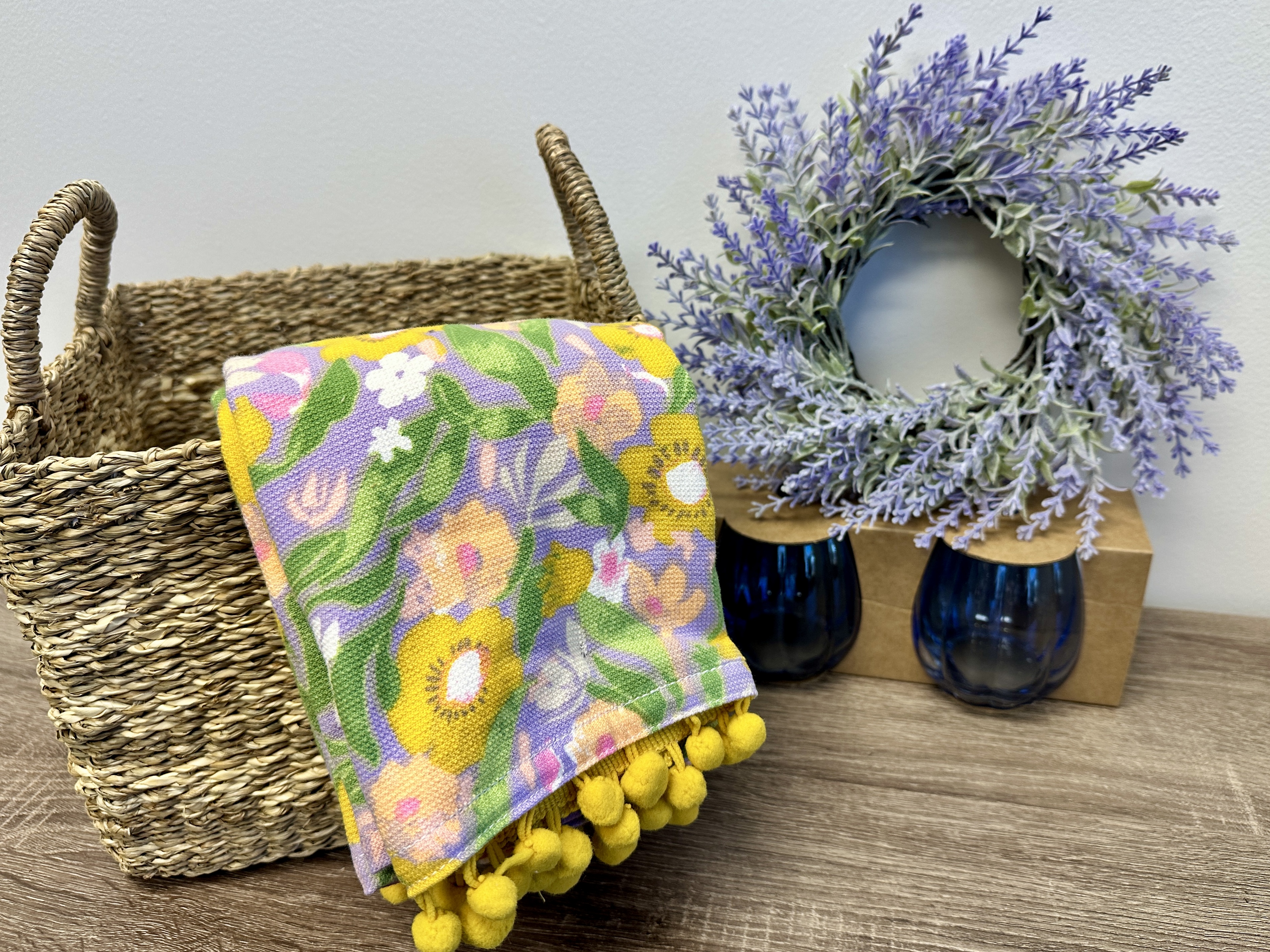 Home Decor Refresh Kit: woven basket, faux floral wreath, hand towels, glass tumblers