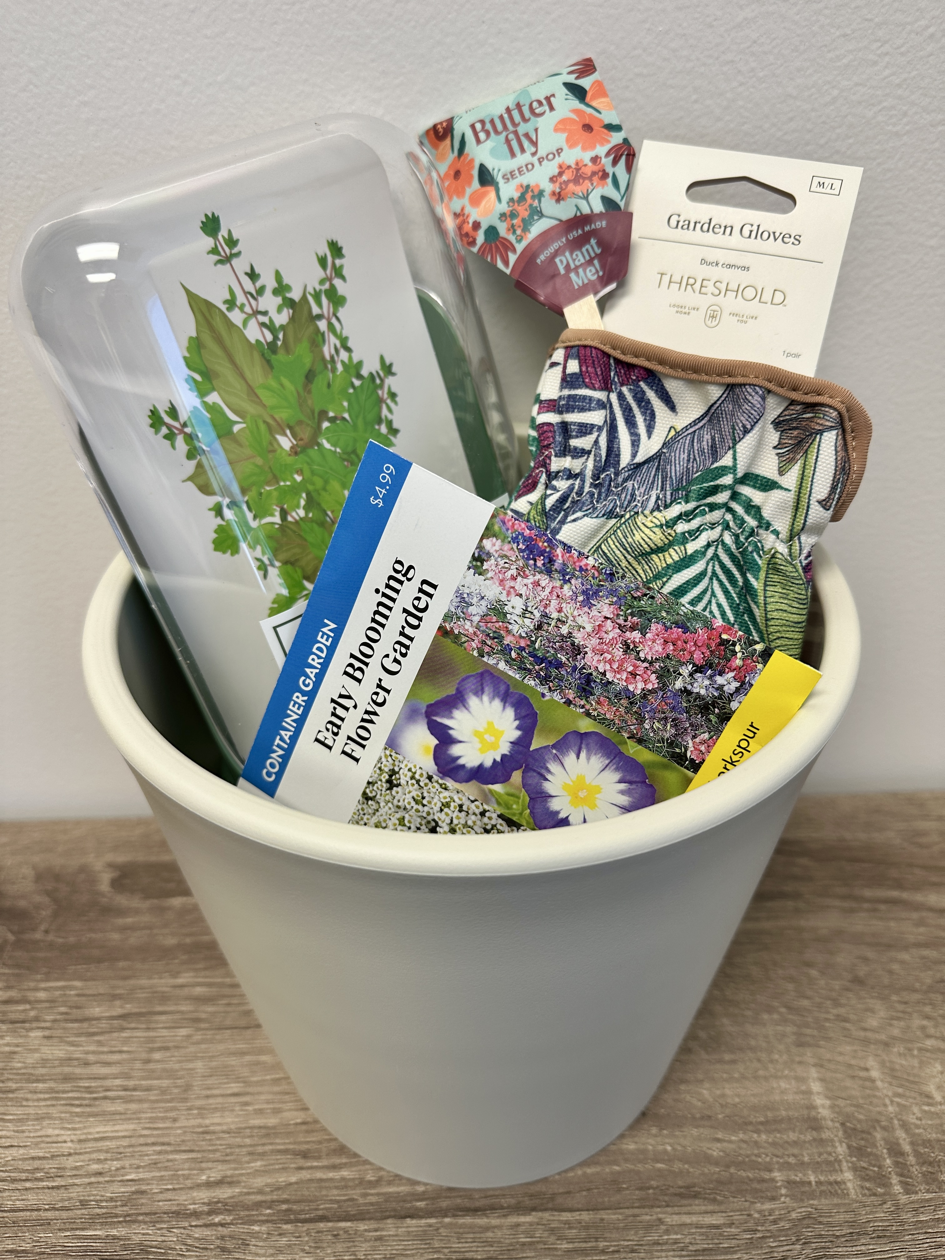 "Green Thumb" Kit: gardening gloves. flower seeds, herb storage container and flower pot