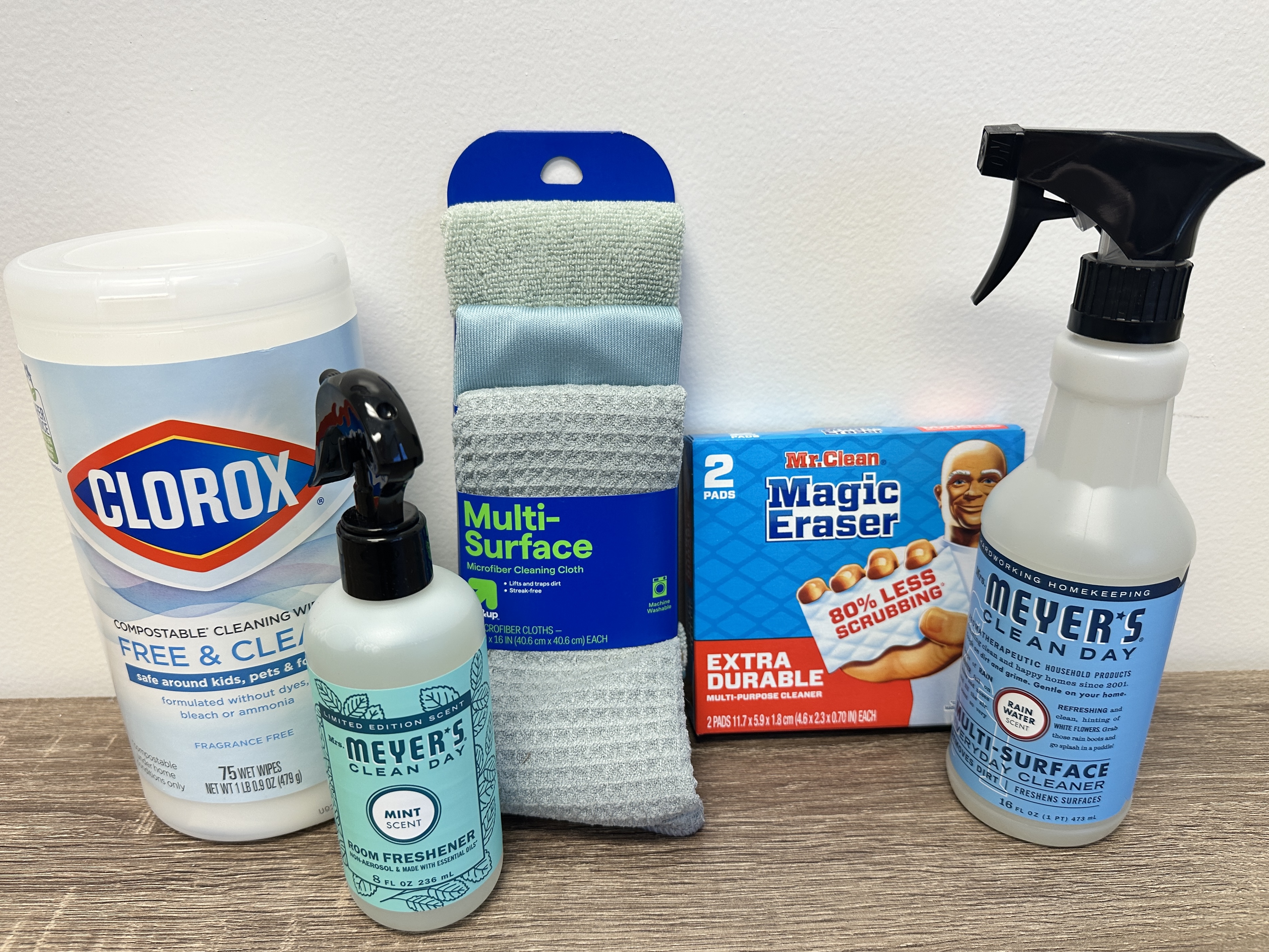 Spring Cleaning Kit: Mrs. Meyer's cleaning spray and room freshener, Mr. Clean magic erasers, Clorox disinfectant wipes and multi-surface cleaning cloths