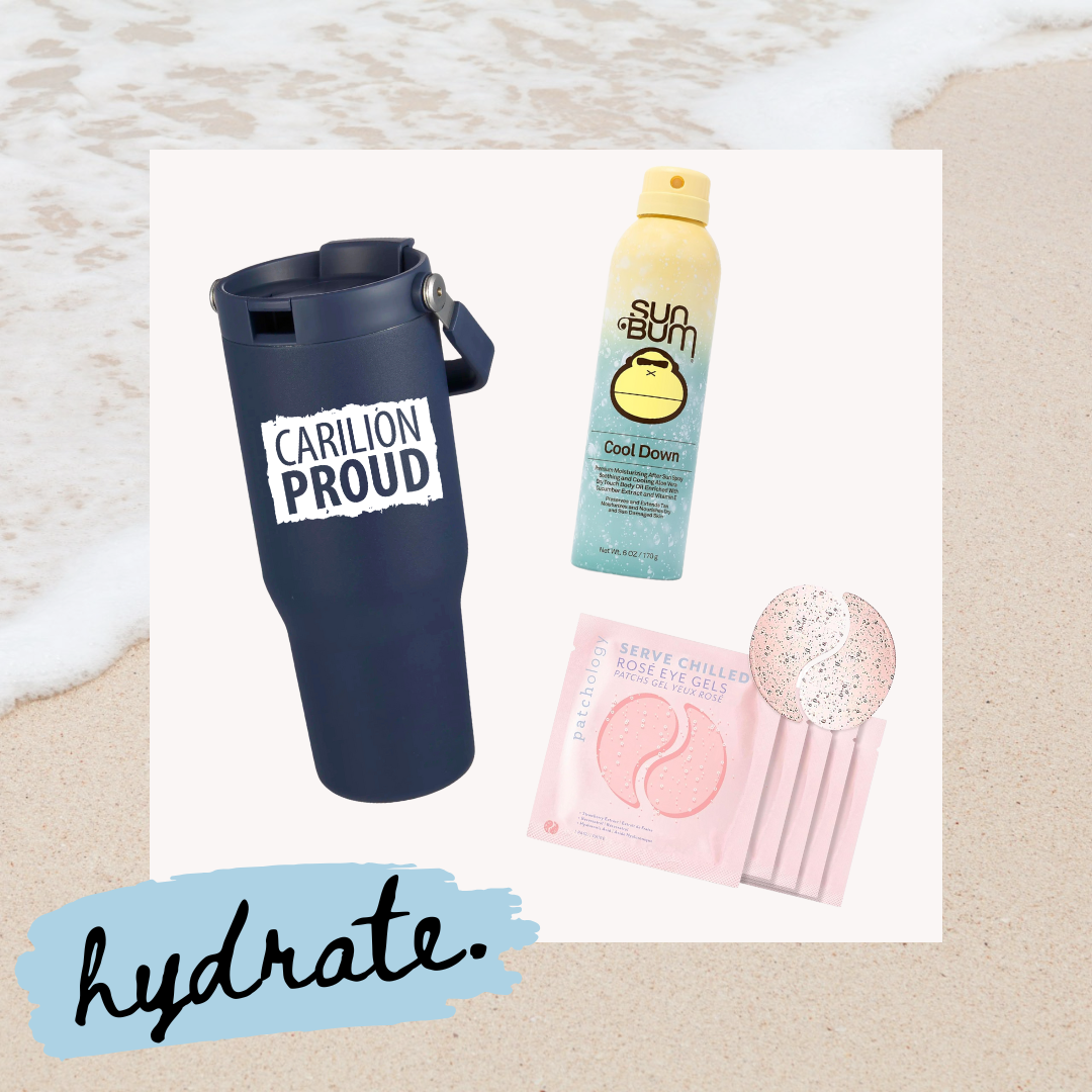 Hydrate Bundle: Carilion Proud branded tumbler, after sun spray, hydrating eye masks