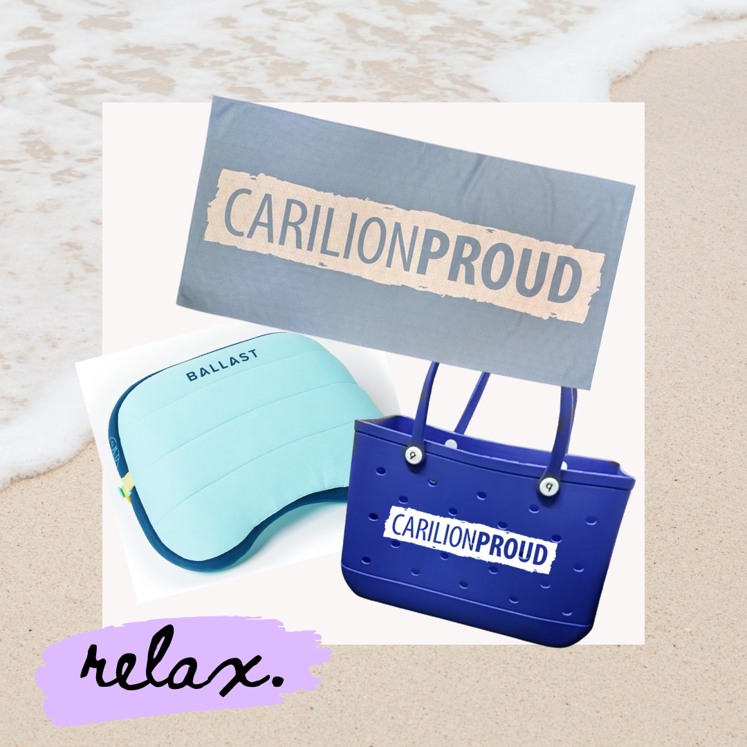Relax Bundle: Carilion Proud branded tote bag and sand-free towel, inflatable beach pillow 