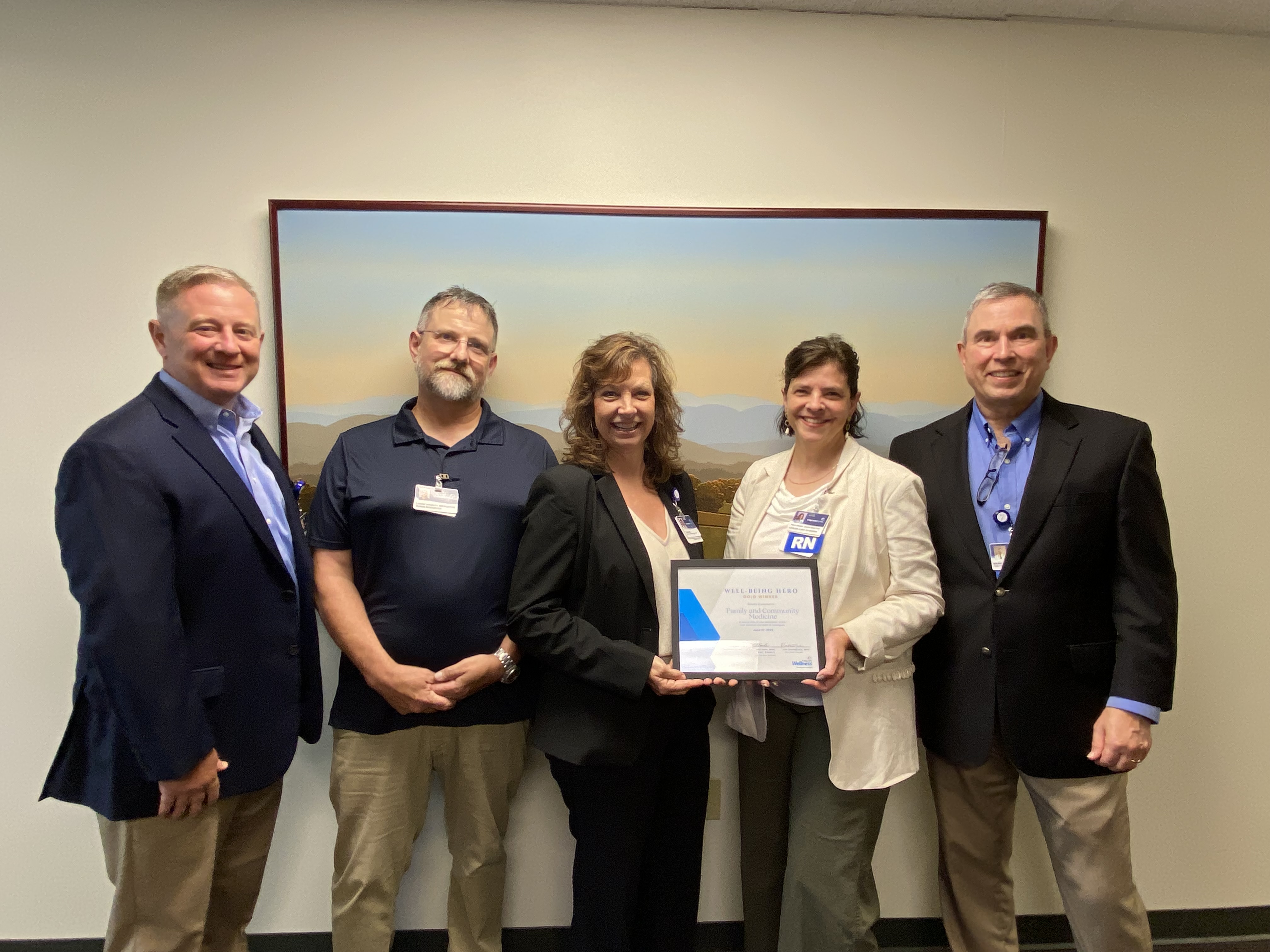 Well-being Hero Team recipient Family and Community Medicine Team: Roger Roper, Logan Doughty, Susan Sine, Trish Frazier, Dr. Mark Greenwald, Anissa Brown (not pictured) Dr. Beth Polk (not pictured)