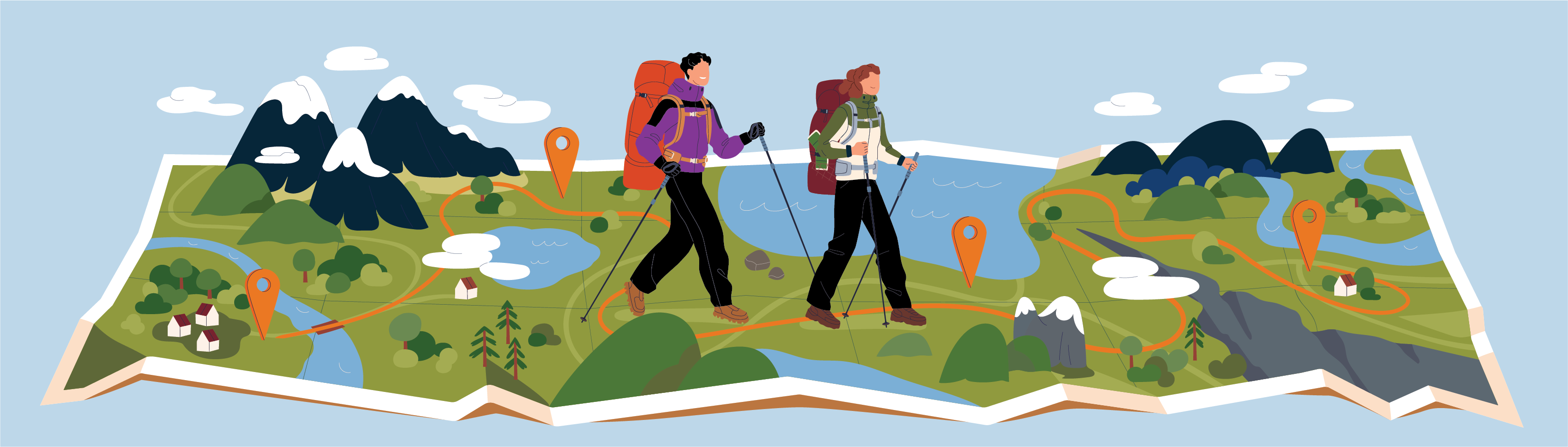 Hikers walking on a map