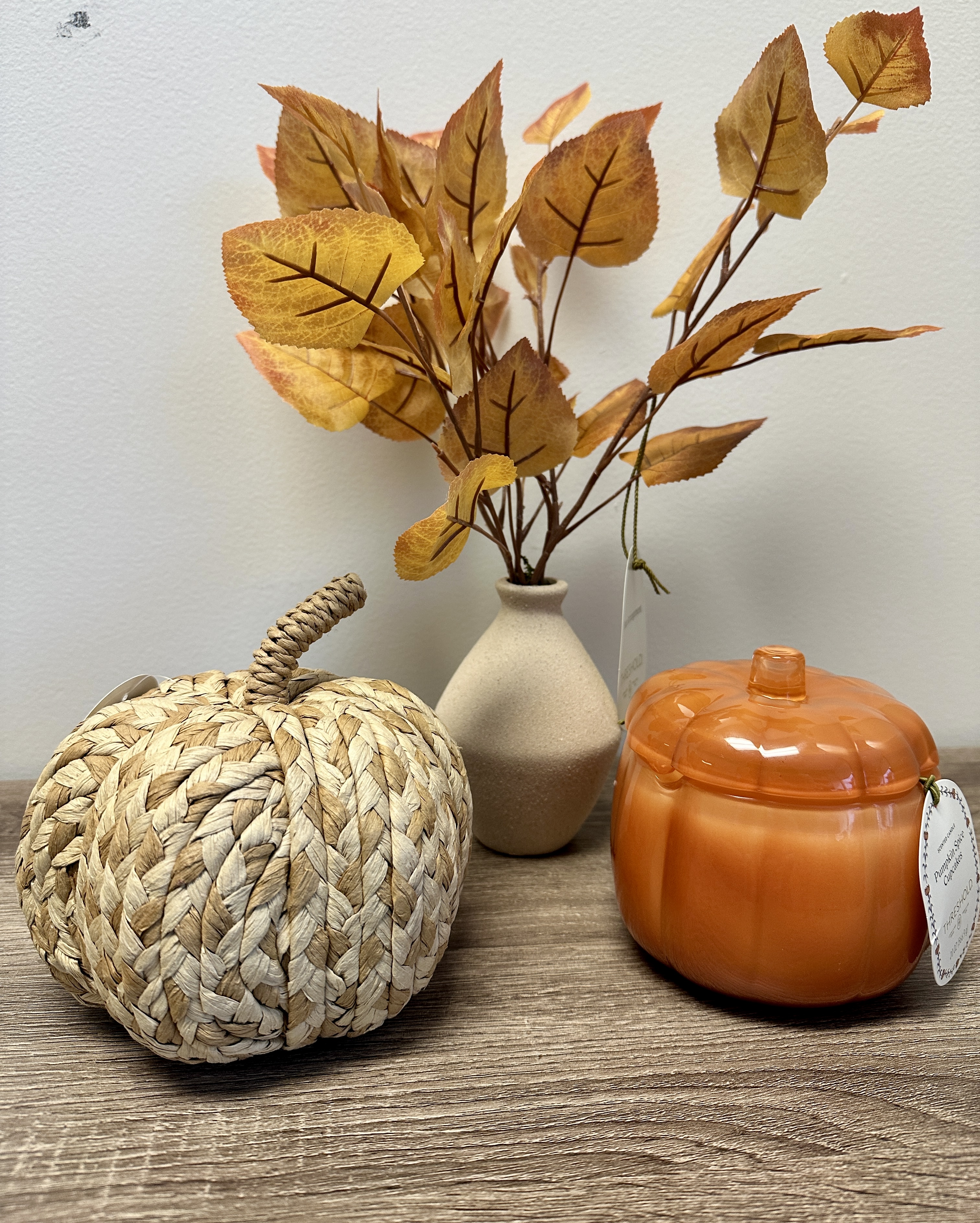 Fall Decor and More: decorative pumpkin, floral in vase, pumpkin scented candle