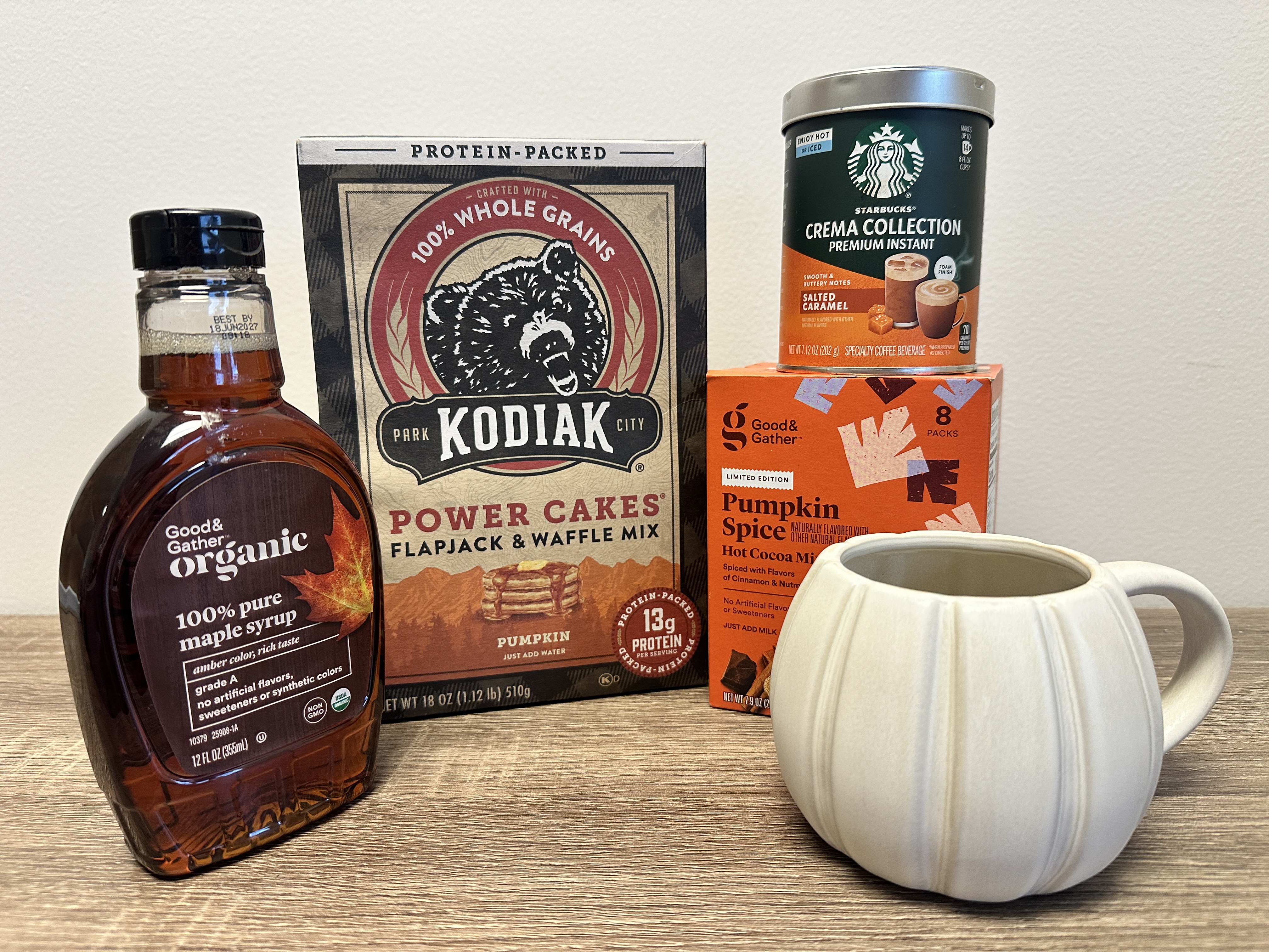 Harvest Breakfast: Pumpkin protein pancakes, maple syrup, pumpkin spice hot chocolate, salted caramel instant coffee, pumpkin mug