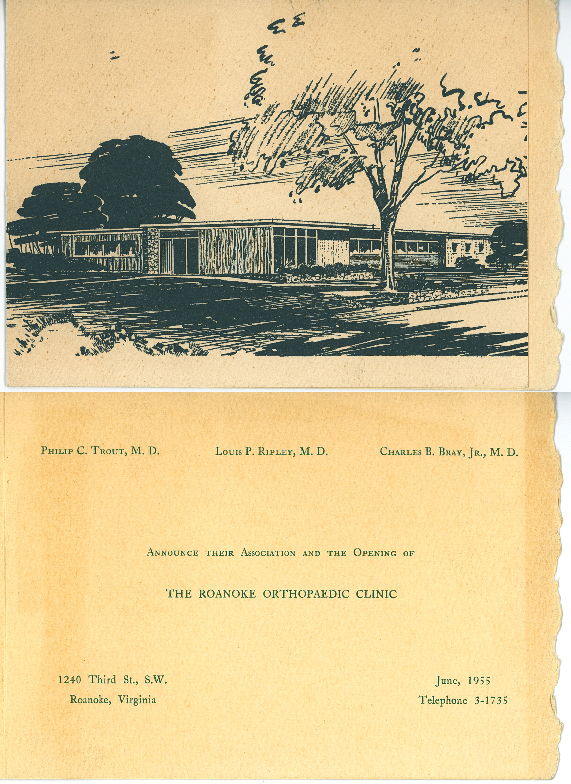 Announcement of opening of the Roanoke Orthopaedic Clinic in 1955
