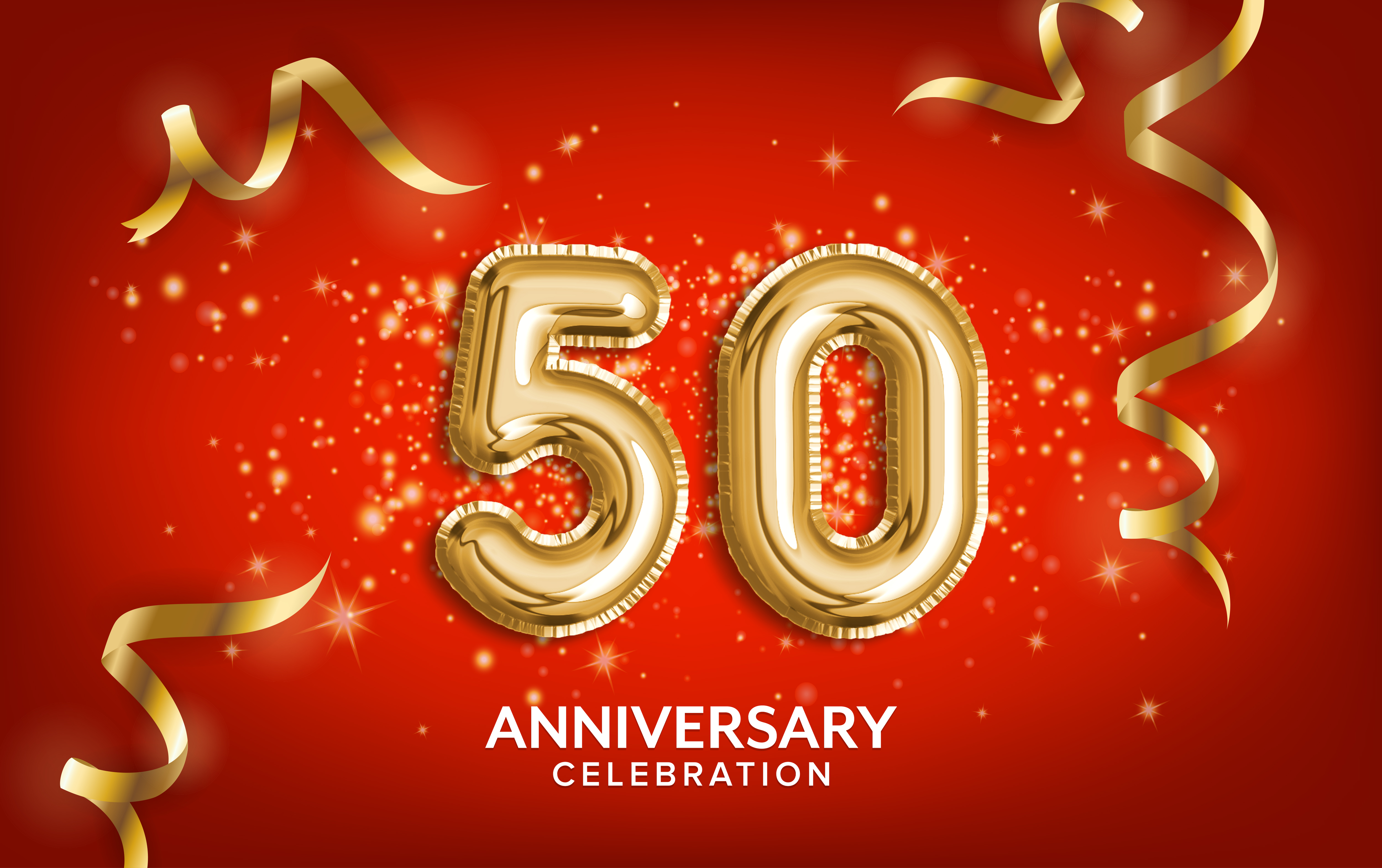 Decorative image with a red background with gold "50" balloons with "anniversary celebration" text.