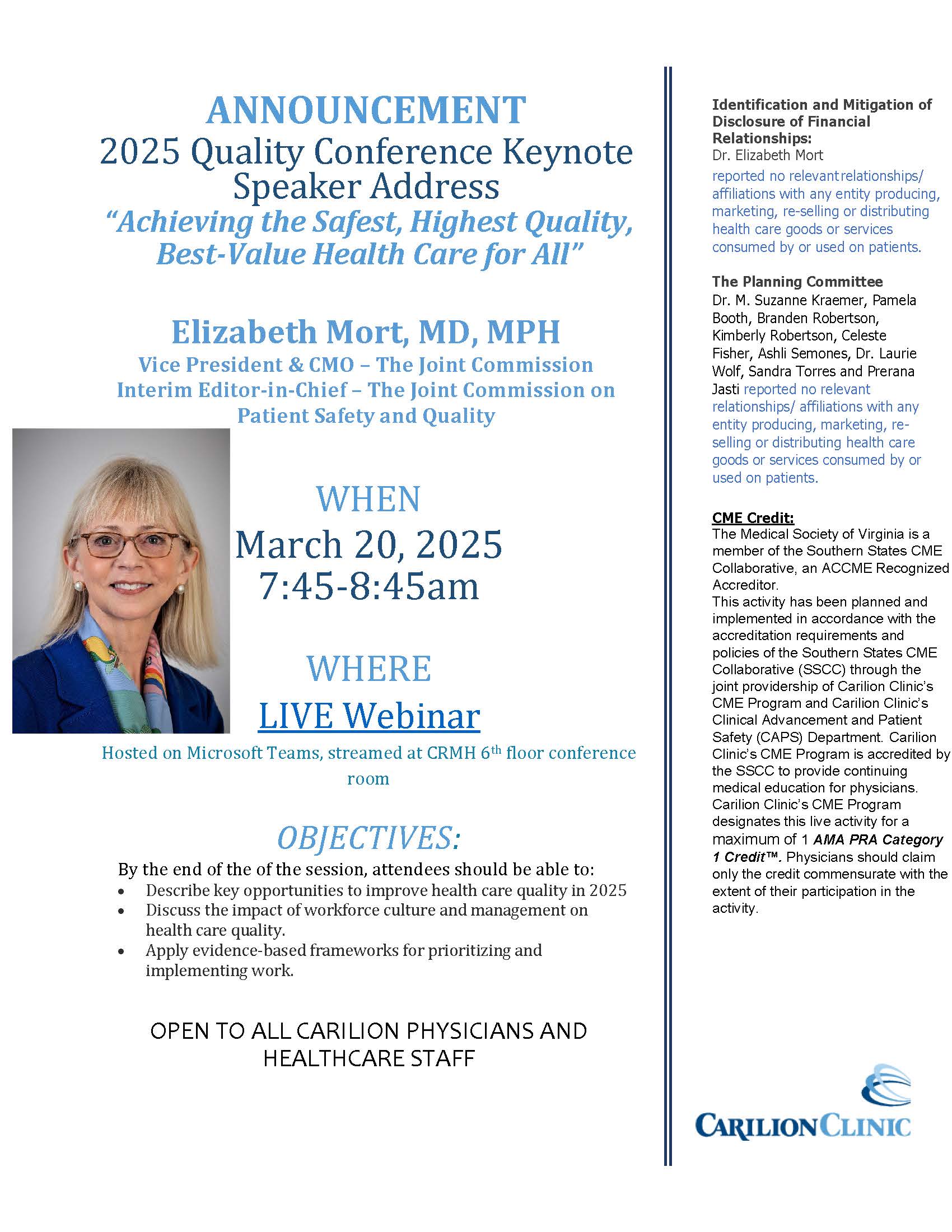  Promotional Flyer for the 2025 Quality Conference Keynote Speaker. Includes information on the keynote address topics, a photo and description of the keynote speaker, and disclosures and CME credit information. 