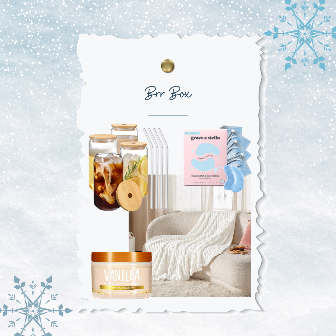 throw blanket, glass tumbler, body butter, eye masks