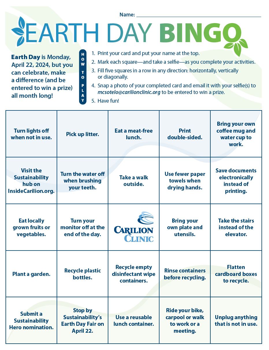 Earth Month Bingo Card from Carilion Clinic Sustainability