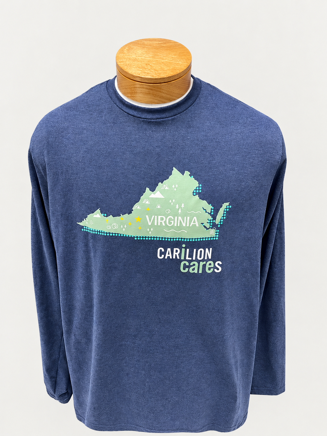 Carilion Cares, I Care blue long sleeve t-shirt with a green graphic of VA