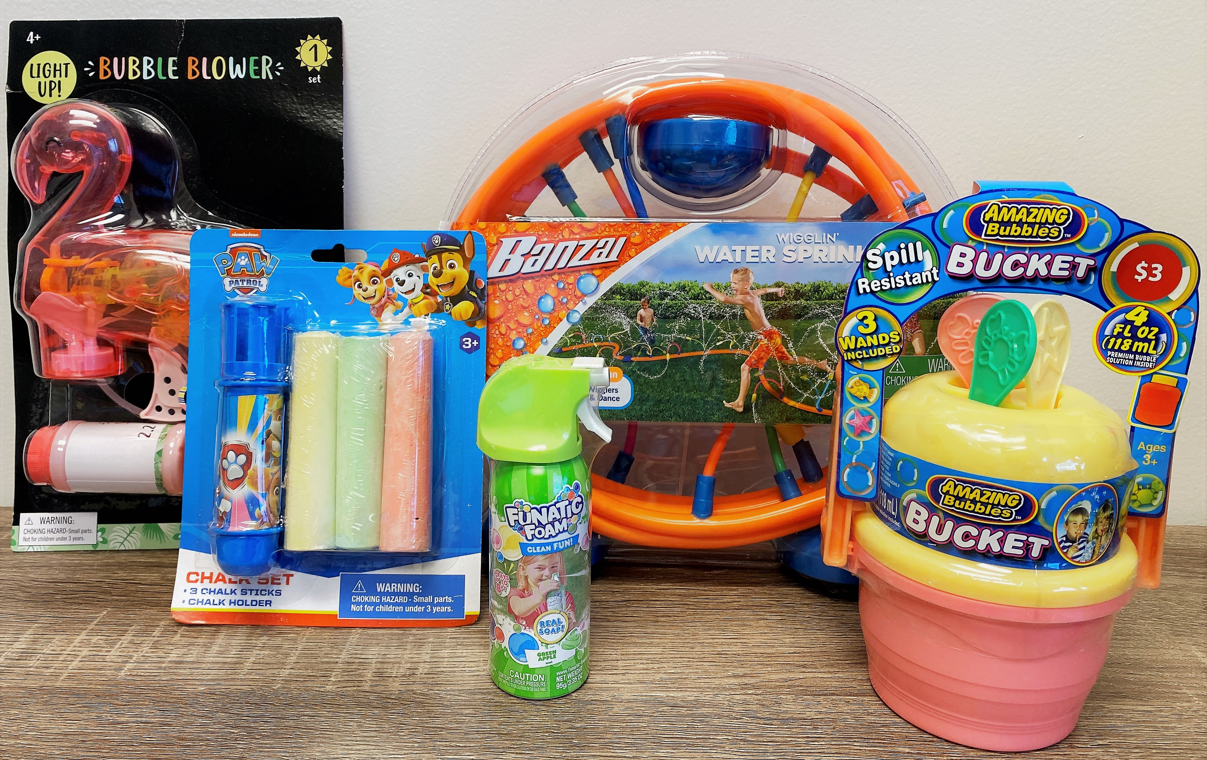 bubbles, sprinkler, chalk set, foam