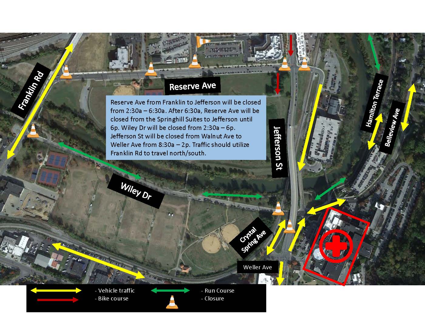 map of parking closures and road routes for IRONMAN
