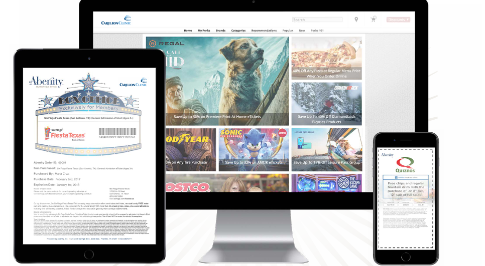 images of using abenity on a desktop, tablet and phone