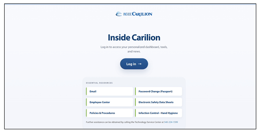 Inside Carilion log-in screen