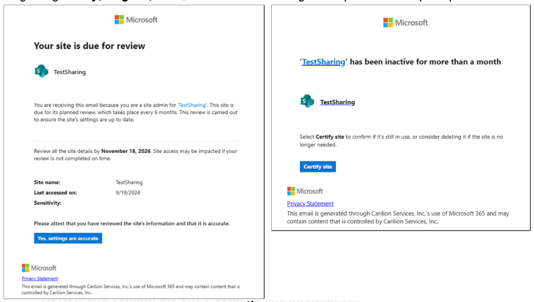 screenshots of Microsoft emails