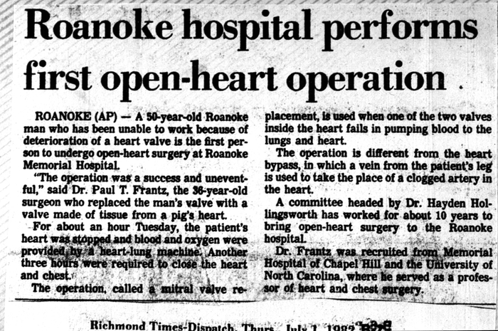news article about first open heart surgery in Roanoke