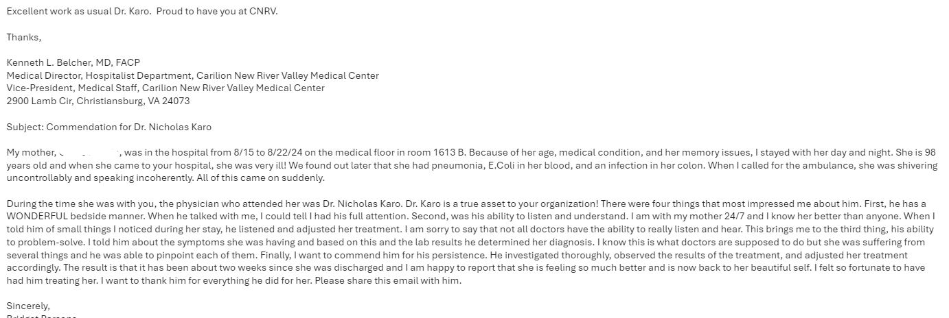 Dr Belcher, Medical Director, shares email received about CNRV Hospitalist, Dr Nick Karo