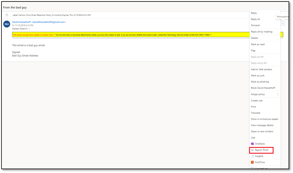 view of Phish button in Office 365 message