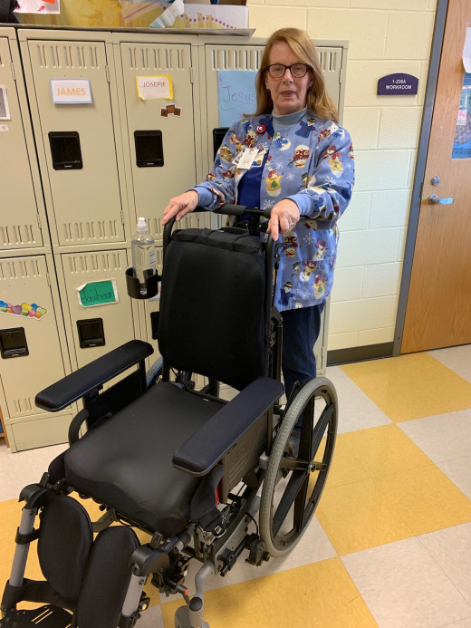 Lynda McGarry with the wheelchair.