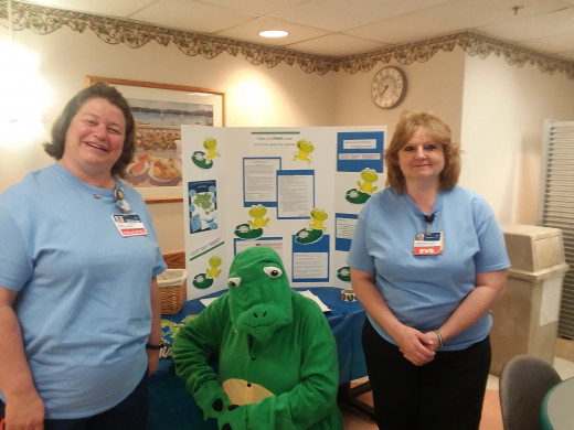  Pictured here in the hand hygiene team shirts are Sonya Ledbetter and Jennifer Wright with Pam Katt as The Frog.