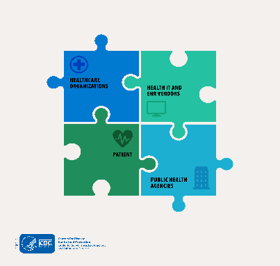 Blue and green puzzle graphic representing electronic case reporting. 