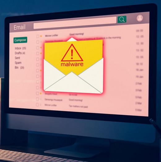 a computer monitor showing an email program with an alert that says "malware"
