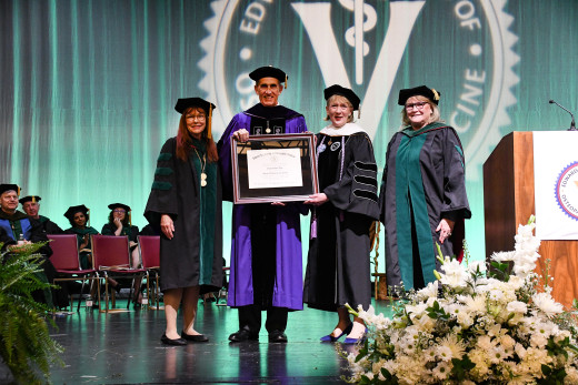 L-r: Jan Willcox, DO, Dean for VCOM-Virginia;  John G. Rocovich, Jr., JD VCOM Chairman; Nancy Howell Agee, President and CEO, Carilion Clinic; Dixie Tooke-Rawlins, DO, VCOM President and Provost