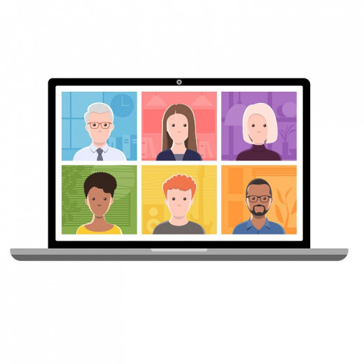 drawing of a laptop with six people having an online meeting