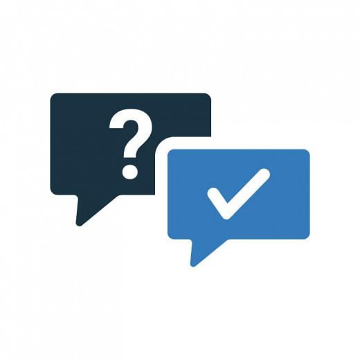 blue thought bubbles with question marks and check marks