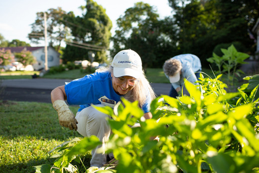 Sue Huntington pulling weeds in the community garden.