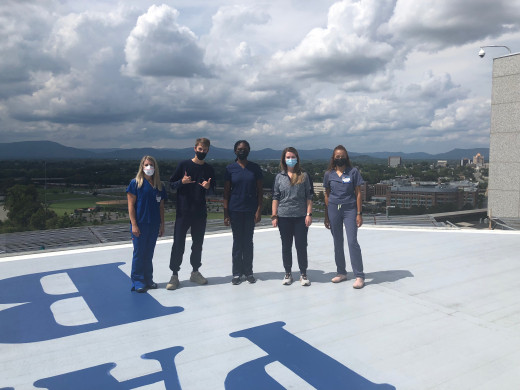 Five nurses on the helipad of Roanoke Memorial Hospital 
