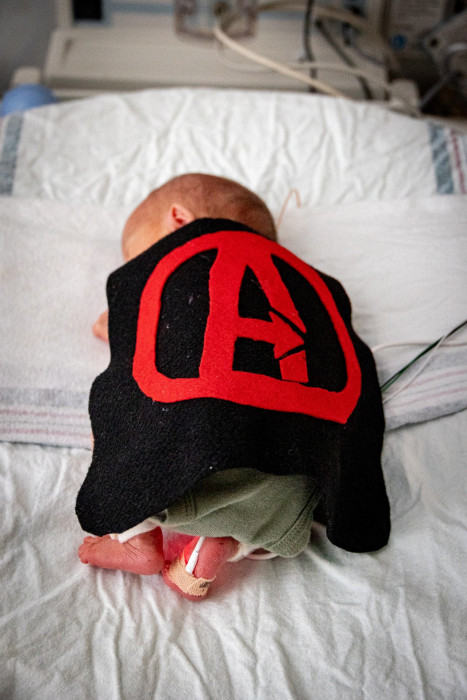 NICU patient dressed up as an Avenger for Halloween