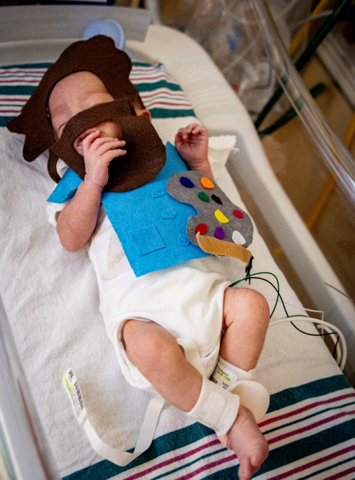 NICU patient dressed up as Bob Ross for Halloween