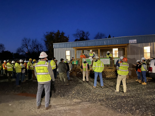 Carl Cline teaching head injury safety to construction crew.