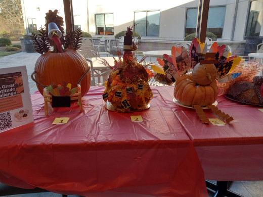 Turkeys were displayed in the cafeteria.