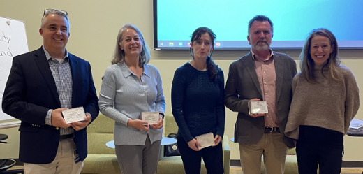 Virginia Tech Carilion Medical School M2 Curriculum Team (L-R): Jeff Croteau, MD; Jennifer Cleveland, PharmD; Kristin B. Eden, DVM, PhD; Andrew Binks, PhD; Renee LeClair, PhD; Not pictured awardees: Nathalie AbiHatem, MD; Ryan Evans, MD; Cameron Johnson, DO; Patrick Rush, DO