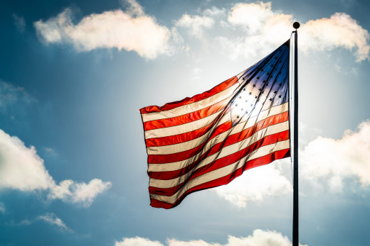 american flag flying in a blue sky