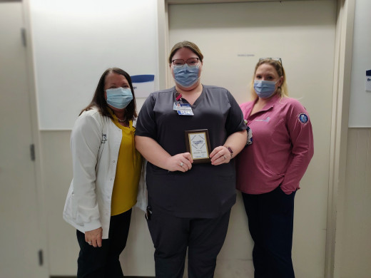 Amanda Sanders RN with her unit leaders, Melissa Goad (left) and Amber Janney (right)