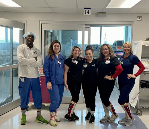 Crazy Sock Day. Left to Right: Steven Jefferson CA, Megan Dunford CA, Ashley Graham RN UD, Ciara Hicks RN, Andrea Beke RN, Kimberly Shorette RN