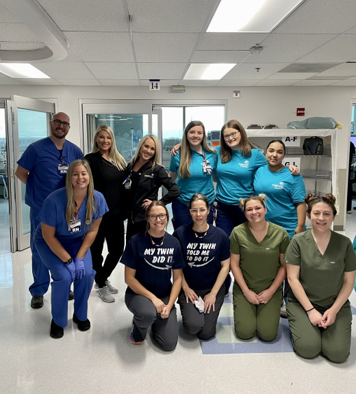Twin Day. Front (Left to Right): Nikki Haislip RN, Mel Witten RN, Theresa Erb-Miller RN, Ashley Graham RN UD, Meagan Dunford CA. Back (Left to Right): Michael Nallen RN, Kimberly Shorette RN, Kristen Schindler RN, Megan Miller RN CTL, Jessica Wygal CA, Nargis Noorzad CA