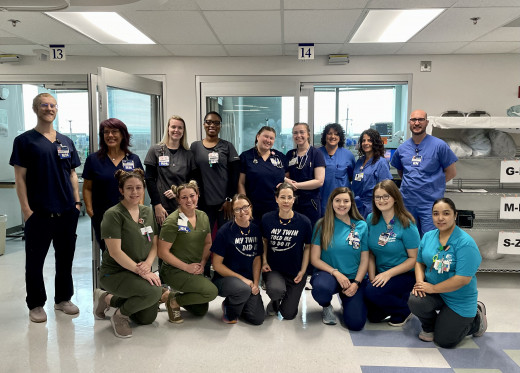 Twin Day. Font (Left to Right): Meagan Dunford CA, Ashley Graham RN UD, Mel Witten RN, Theresa Erb-Miller RN, Megan Miller RN CTL, Megan Wygal CA, Nargis Noorzad CA. Back (Left to Right): Keith Avery RN, Liz Blankemeyer RN, Katie Harpine RN, Jodi-Ann Wilson RN, Jamie Sievers RN, Elizabeth Warner RN, Tammy Lawless RN CTL, Deena Cole CA, Michael Nallen RN.