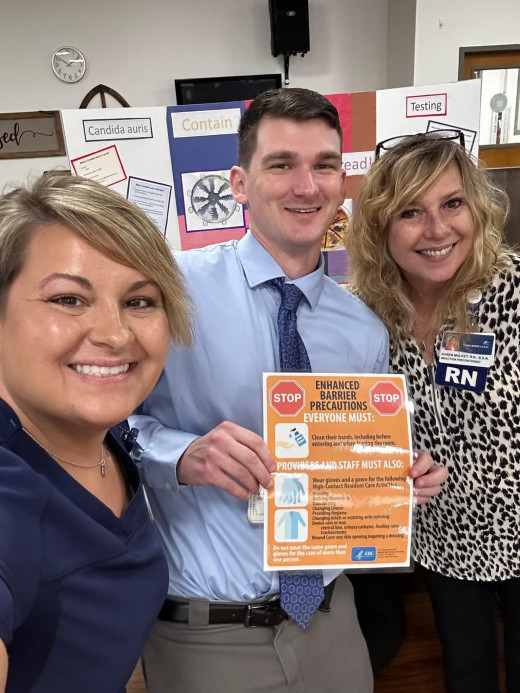 Infection Preventionists Melanie Morris, Matthew Skinner, and Karen Mulkey supporting Tazewell Heritage Hall's skills day.